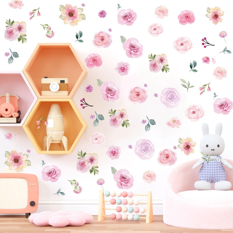 CharmFlo Floral Wall Decals Peel and Stick | 60PCS Watercolor Peony Flower & Leaves Stickers | Removable Vinyl Wall Art for Girls Bedroom, Nursery, Living Room | Pastel Home Decor - Image 4